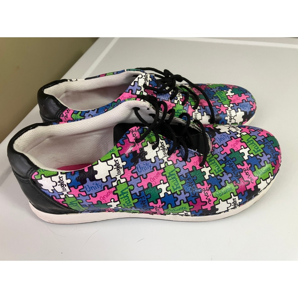 Alegria Essence ESS-302 Puzzle Print Leather Sneakers Womens 40 Multi Color Lace - Picture 3 of 9